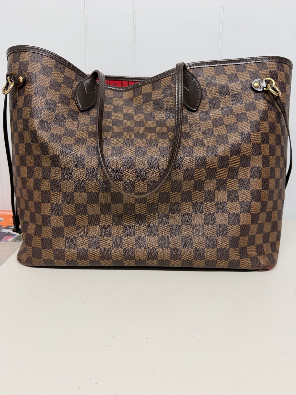 Louis Vuitton Brown Checkered Tote with Red Interior Accent